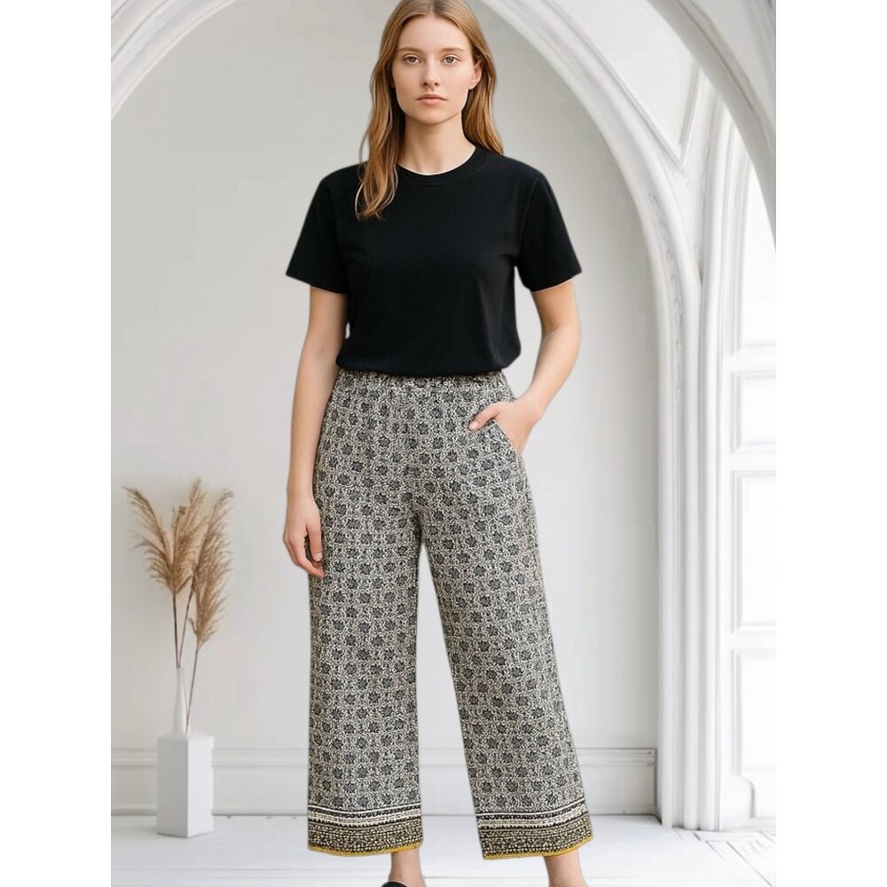 Max Studio M Womens White Yellow Floral Print High Rise Wide Leg Cropped Pants